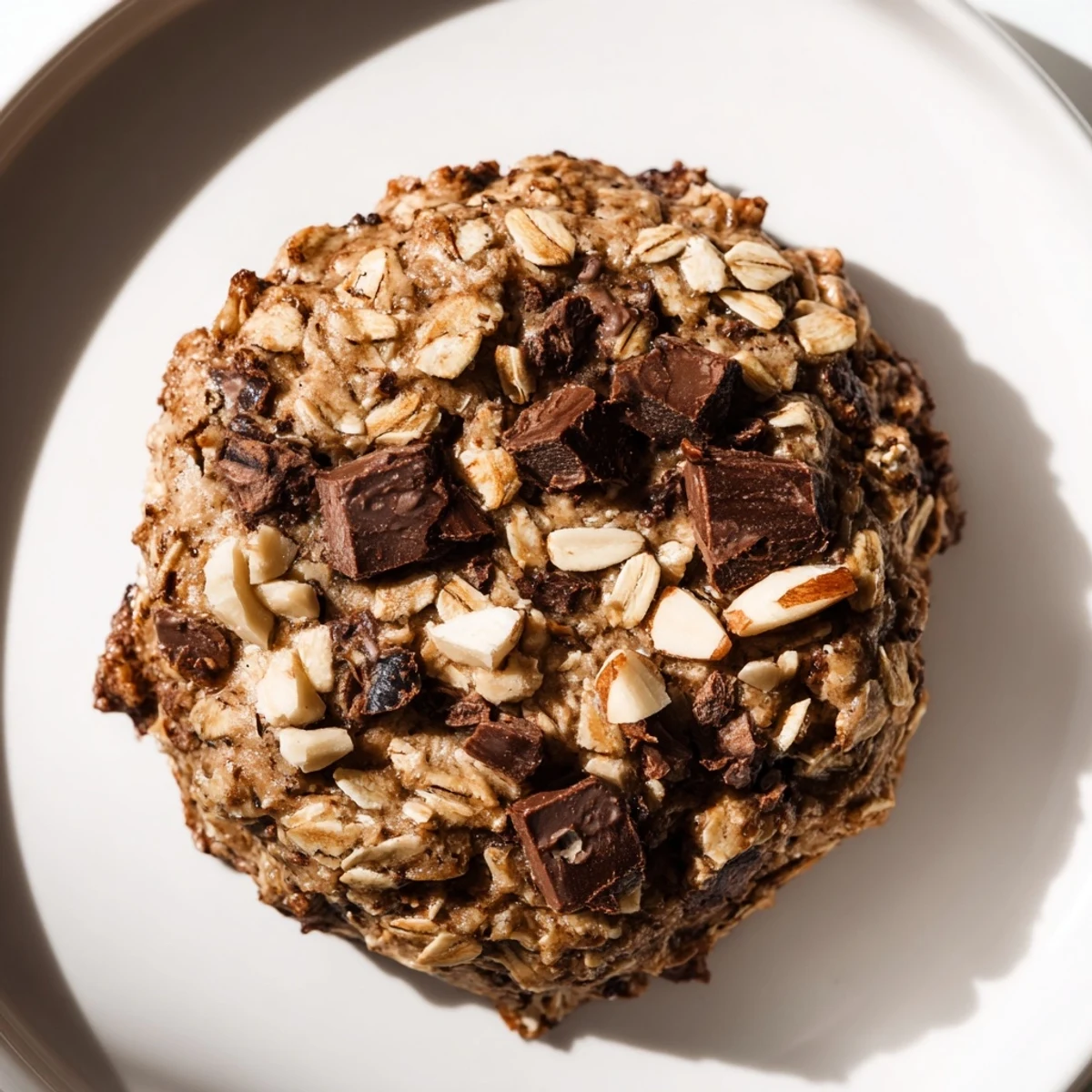 Warm chocolate oatmeal breakfast cookies, golden brown and speckled with dark chocolate chips, ready to enjoy.