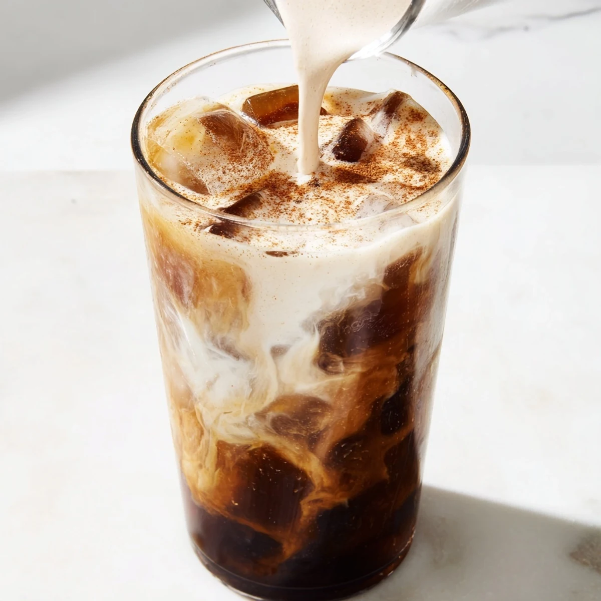 This homemade Proffee Power Blend features a swirl of coffee and chocolate protein, ice cold.