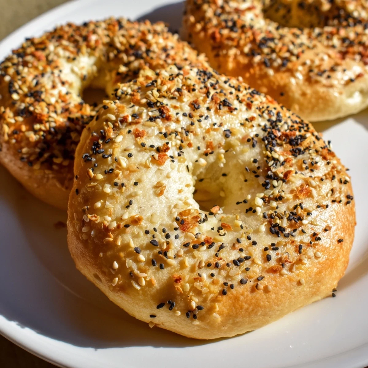 Freshly baked Everything Bagel Yogurt Bagels, golden brown and sprinkled with savory seasoning, ready to eat.
