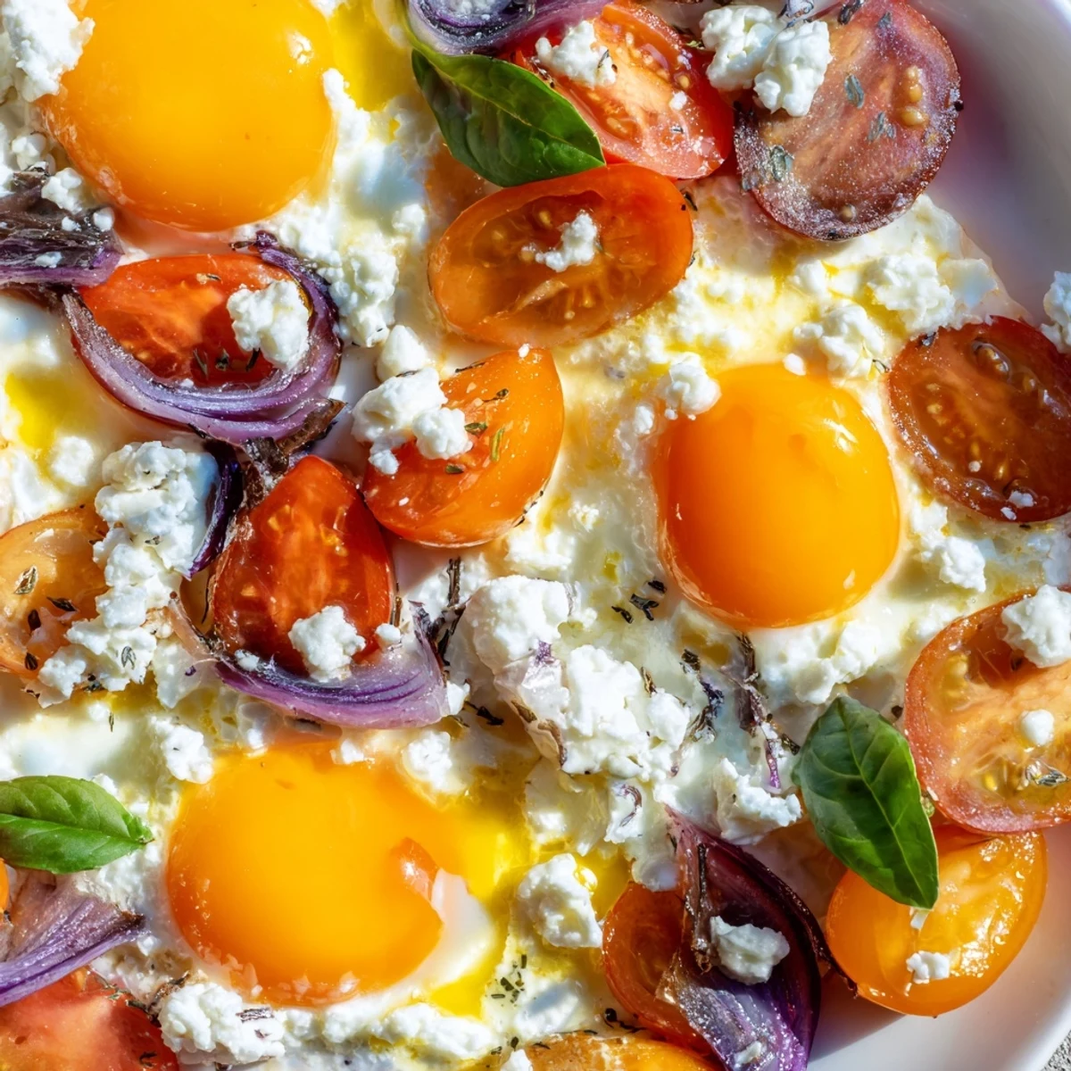Baked eggs with tomato and feta, a colorful sheet pan breakfast with runny yolks, perfect for brunch.