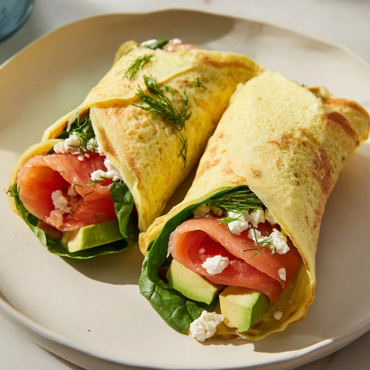 A freshly made Blender Egg Crepe Wrap, rolled to show off delicious avocado and tomato slices.