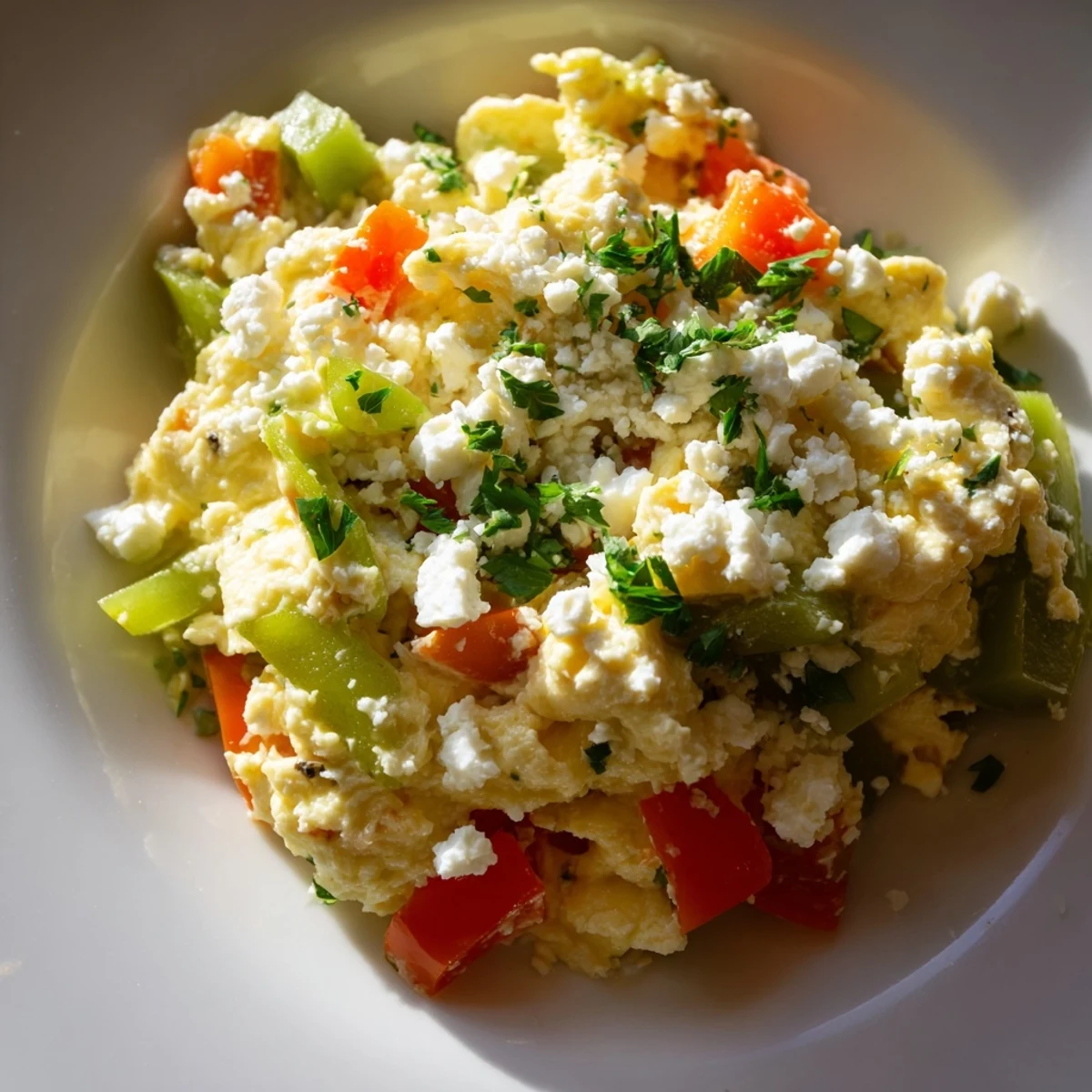 Turkish Menemen Scramble ready to eat, a colorful plate of soft scrambled eggs and vegetables.