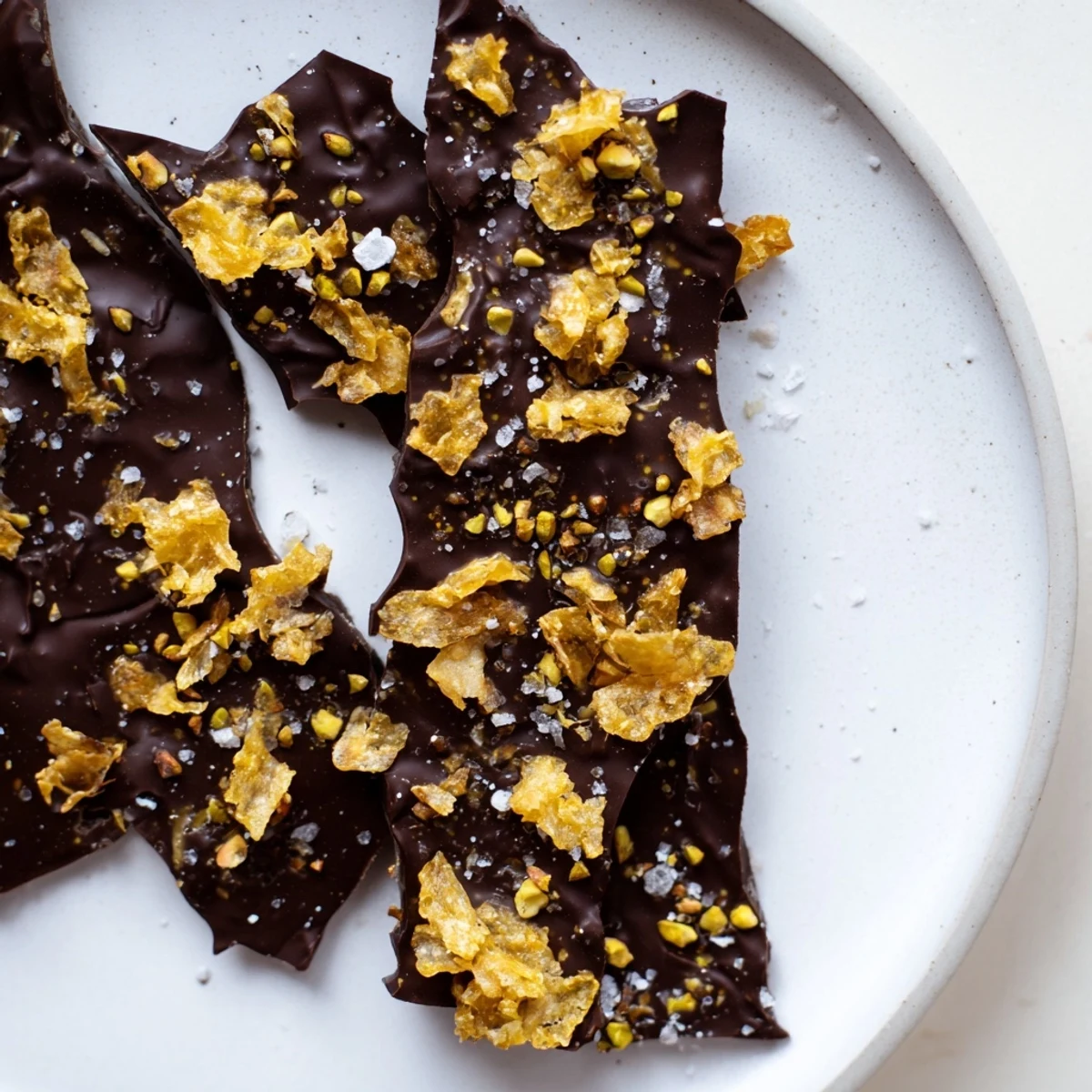 Kataifi Chocolate Crunch Bark with crispy phyllo, dark chocolate, and crunchy pistachios.