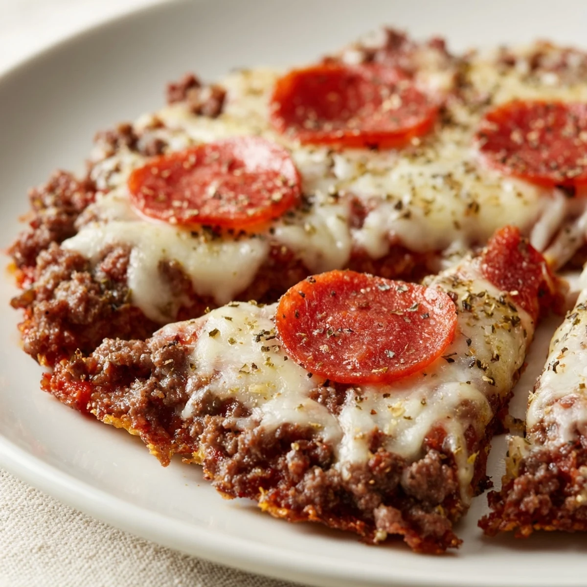 A bubbly, cheesy Meat Pizza Pepperoni Stack with crispy pepperoni and oregano, ready to slice and devour.