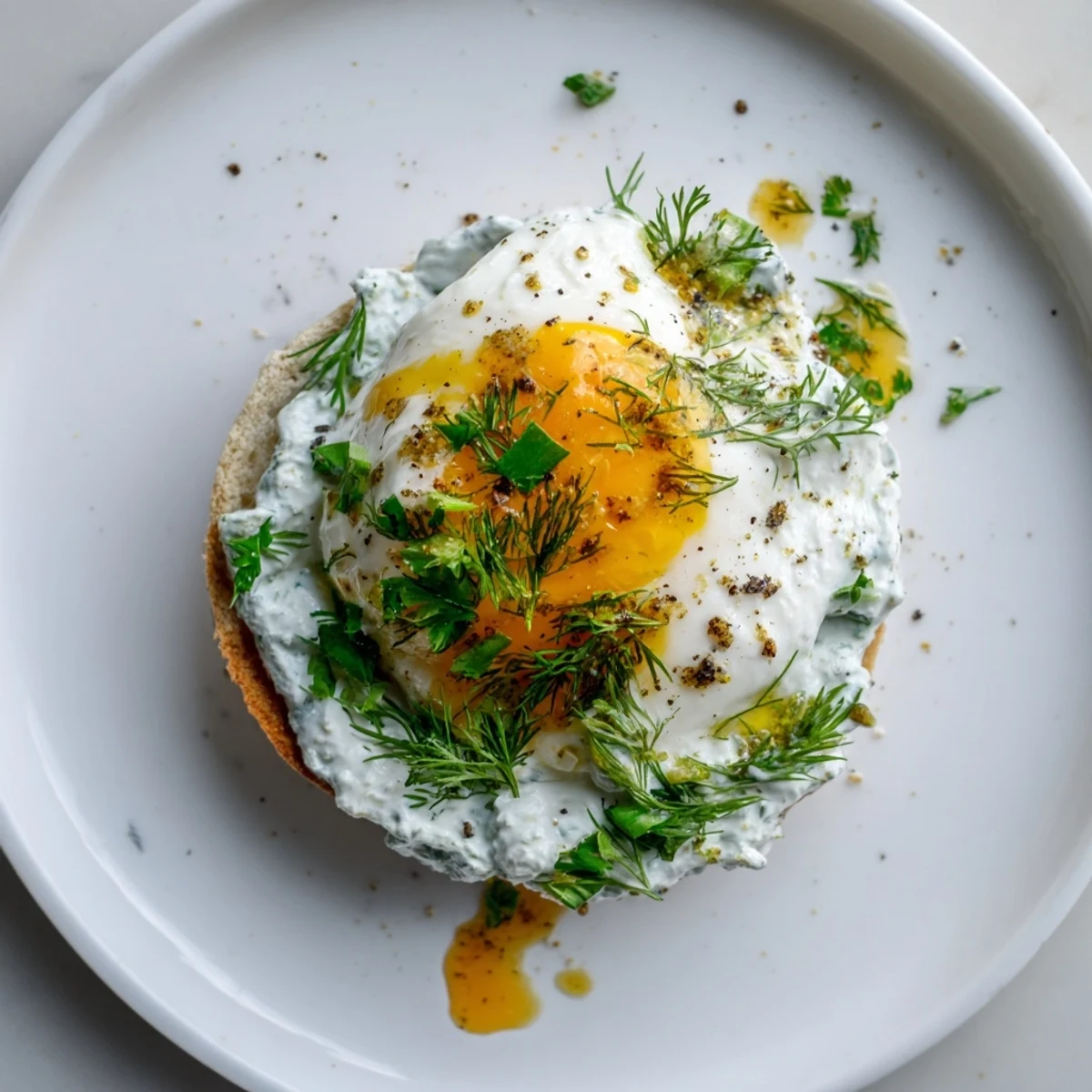 This photo features a finished serving of Çılbır Eggs Benedict, decorated with fresh herbs and pepper.