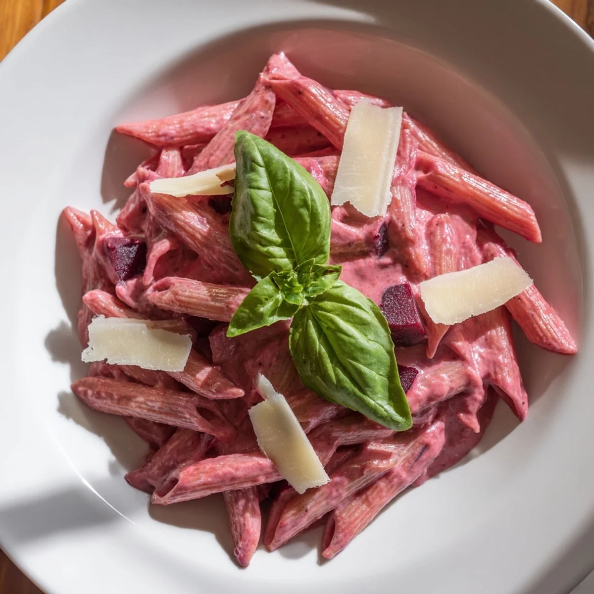 Pink pasta with beet cream, a creamy, vibrant dish topped with fresh basil and Parmesan.