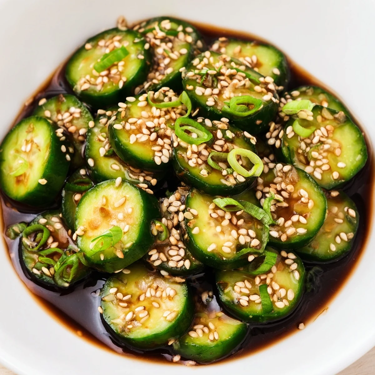 Close-up of freshly made Shake Shake Garlic Cucumbers, highlighting the crisp cucumber slices and dressing.