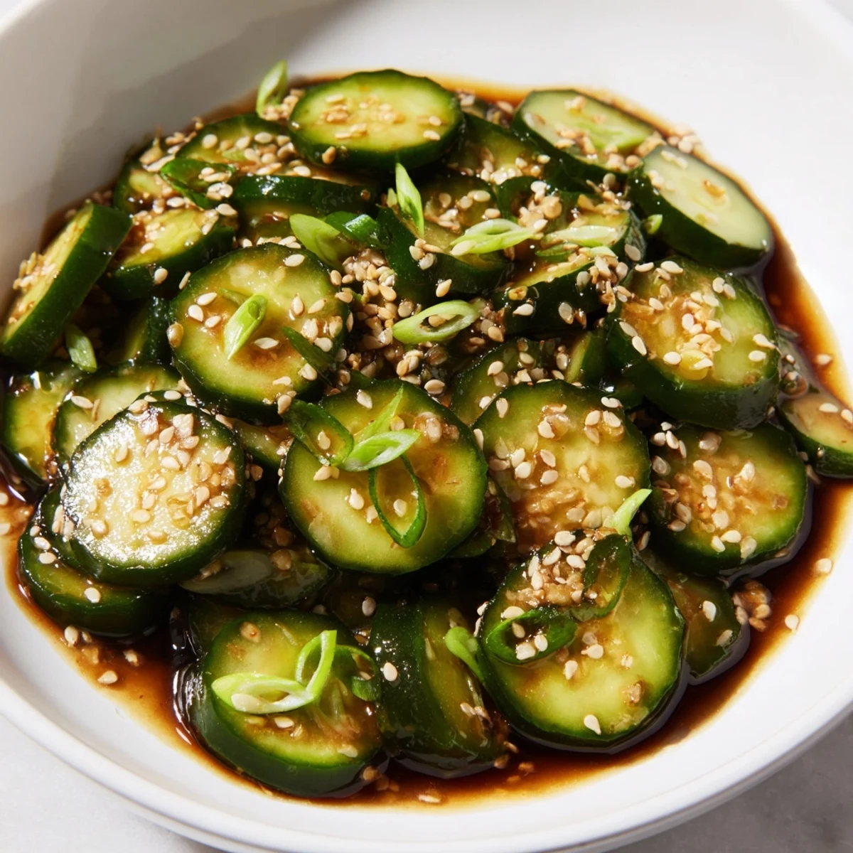 A bowl of flavorful Shake Shake Garlic Cucumbers with sesame seeds and green onions; a cooling, easy side dish.