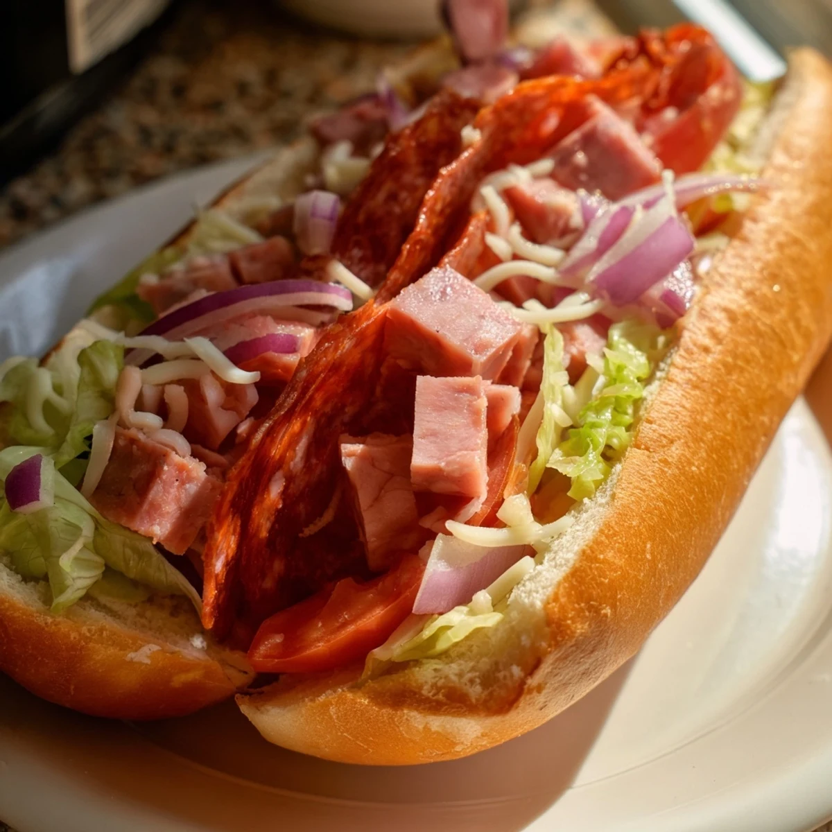 A close-up of a loaded Chopped Italian Grinder Sandwich, overflowing with savory meats and fresh veggies.