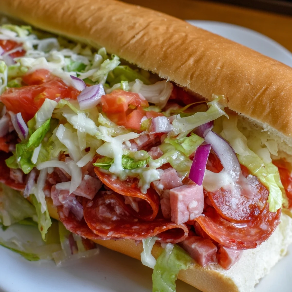 Warm, golden, toasted hoagie roll brimming with a delicious Chopped Italian Grinder sandwich, a satisfying meal.