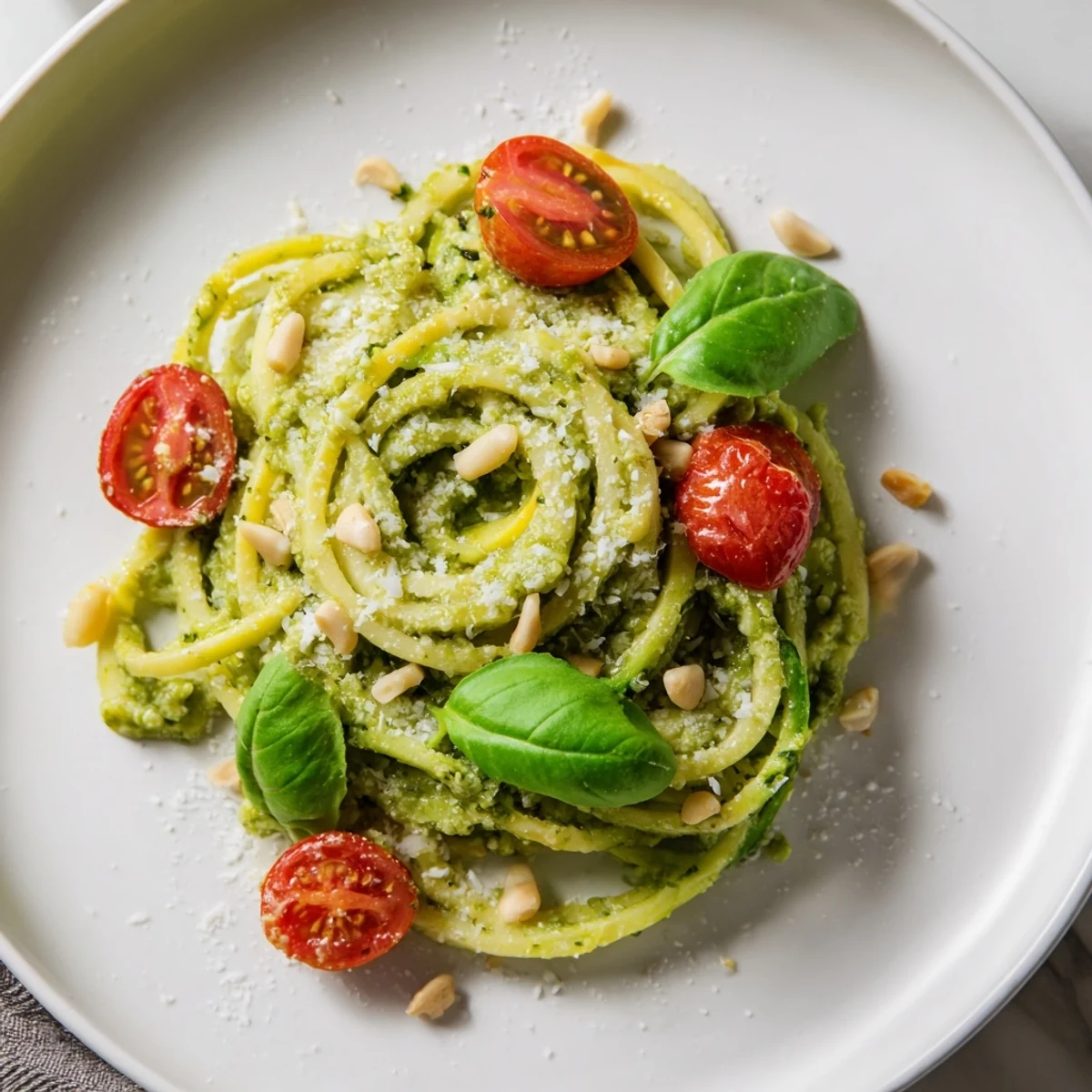 A bowl of delicious Avocado Pesto Zoodles with a sprinkle of fresh cracked pepper, ready.