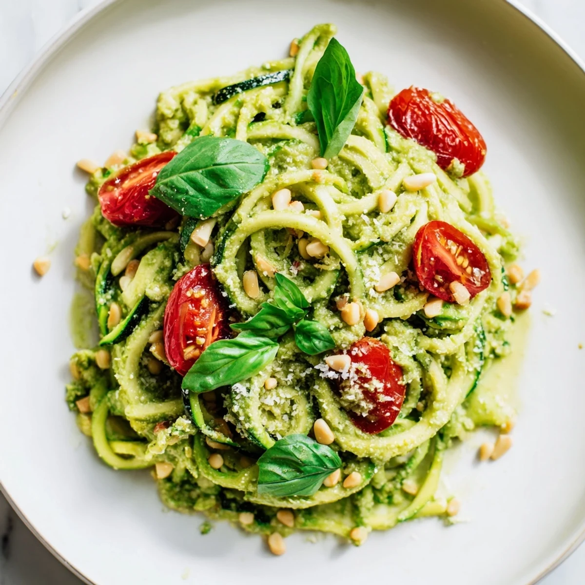 Creamy avocado pesto coats tender zoodles, Italian-inspired dish with fresh basil garnish.