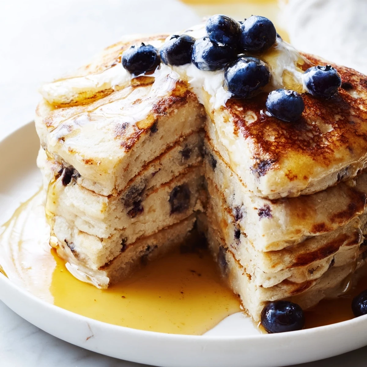 Fluffy cottage cheese pancakes, golden brown and stacked high, ready for delicious toppings.