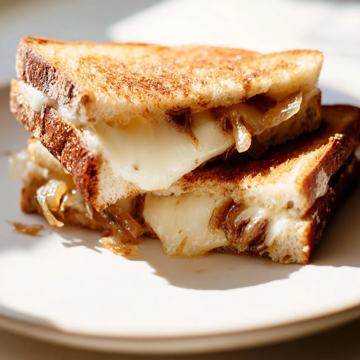 Crisp golden sourdough grilled cheese layered with sweet, jammy caramelized onions and sharp white cheddar on a wooden cutting board.