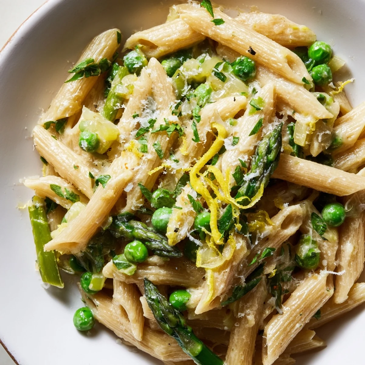 A skillet of Garlic Parmesan Spring Vegetable Pasta highlights tender spring vegetables in a light, creamy garlic sauce, ready to serve.