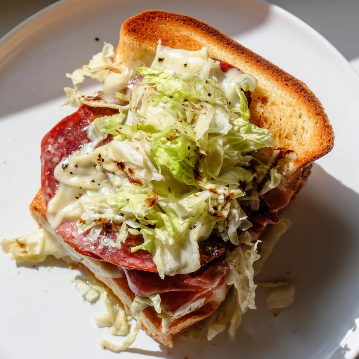 A hearty Italian Sub Grilled Cheese sliced in half to reveal a melty interior of cured meats and sharp provolone.