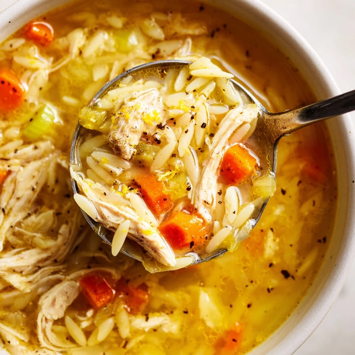 Comforting homemade Lemon Pepper Chicken Orzo Soup, garnished with lemon wedges and black pepper, ready to enjoy.