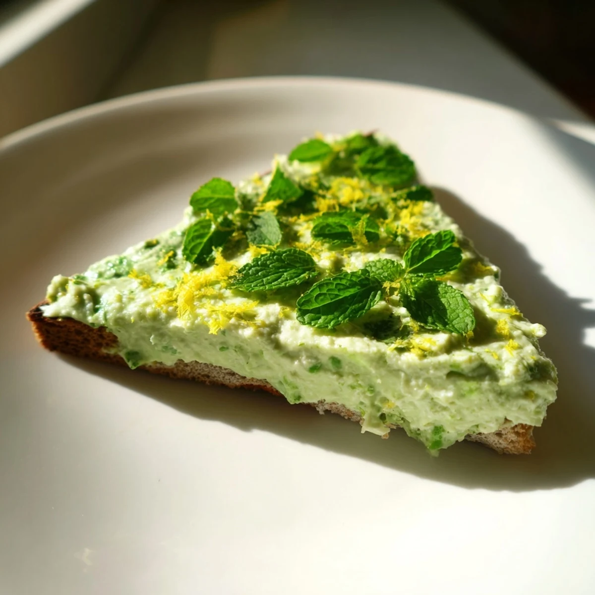 A vibrant open-faced pea and mint ricotta toast topped with fresh mint leaves and a light lemon zest sprinkle.  