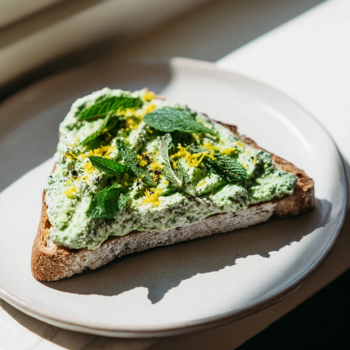 Rustic sourdough spread with creamy pea and mint ricotta, drizzled with olive oil and served with lemon wedges.