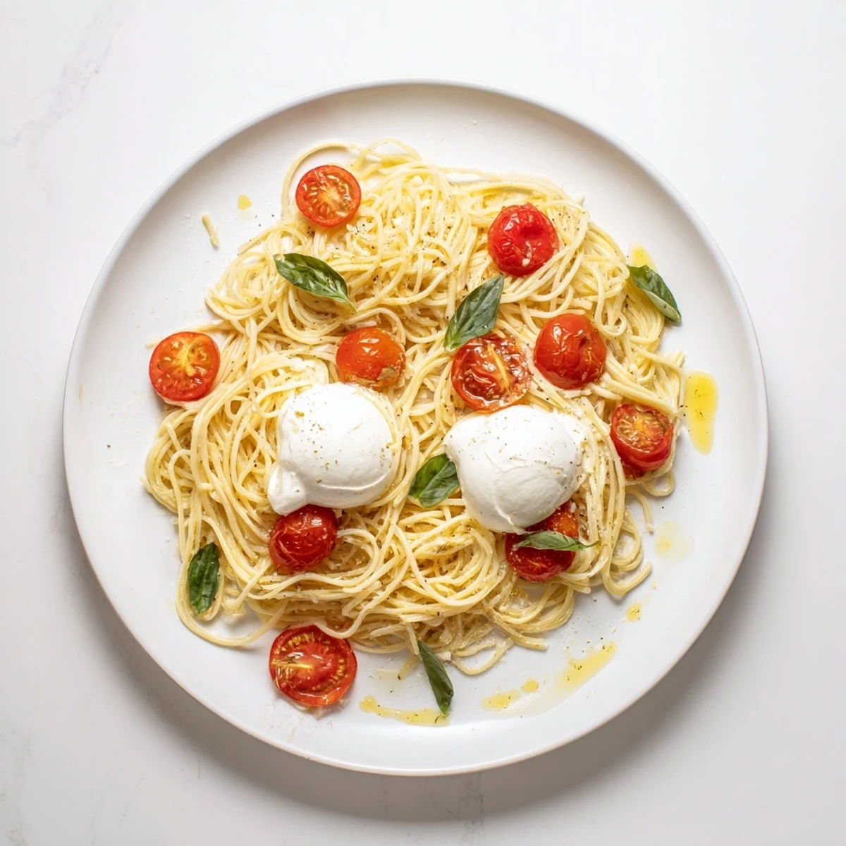 The creamy burrata melts into warm spaghetti, creating an irresistible cheese pull.  