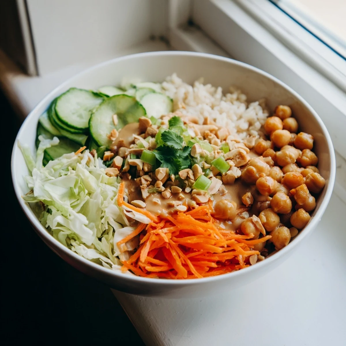 A vibrant Peanut Chickpea Rice Bowl with fluffy brown rice, roasted chickpeas, crunchy peanuts, and colorful shredded vegetables.
