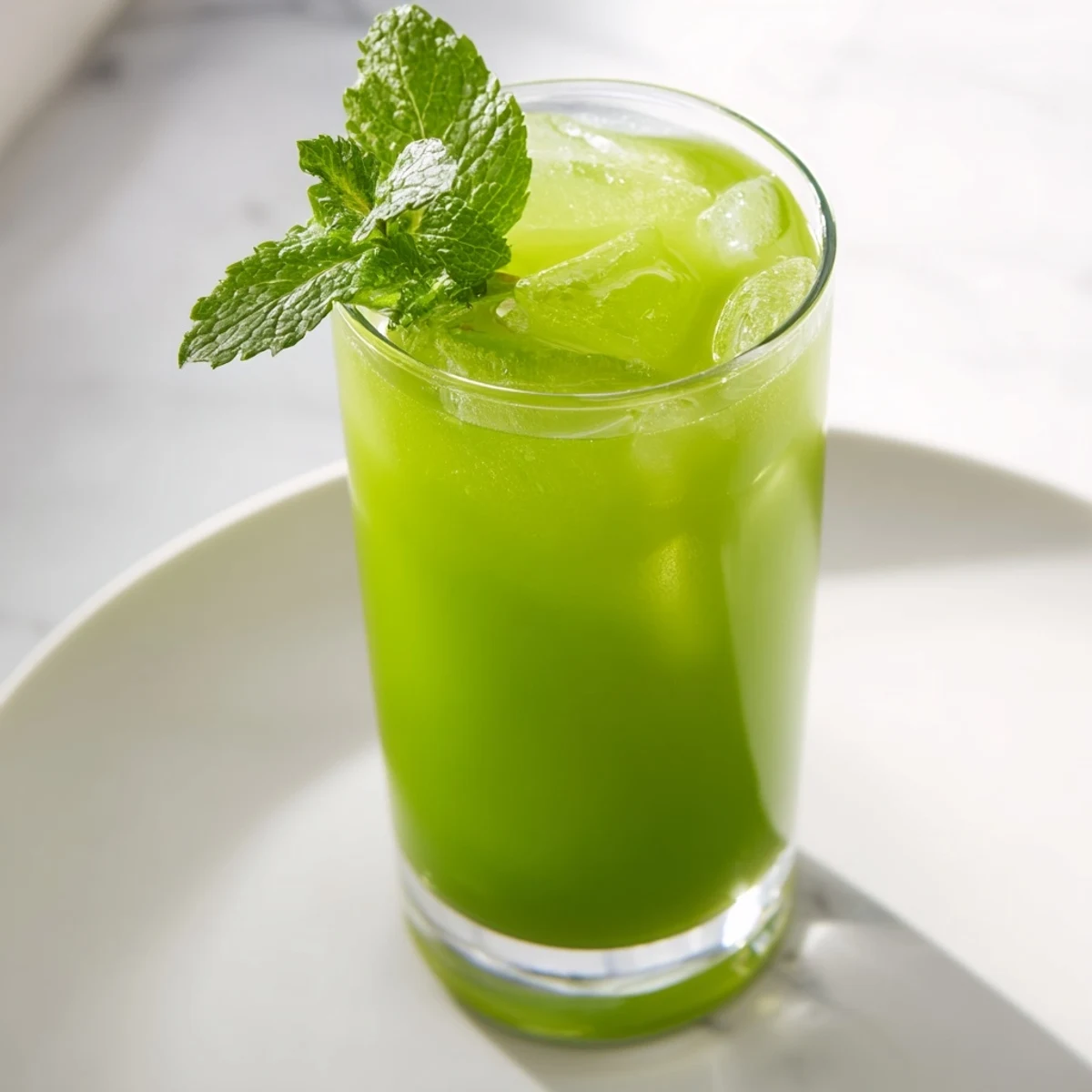 A tall glass of Celery Ginger Lemon Juice glistening with ice, garnished with fresh celery and lemon slices.