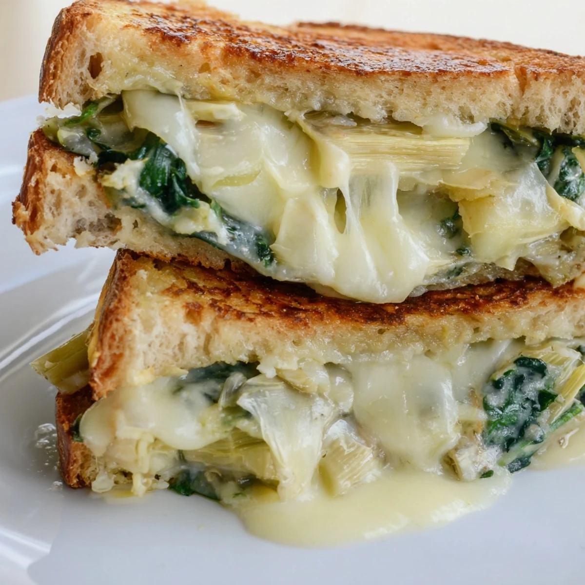 Golden, crispy sourdough slices encasing a warm, melted spinach-artichoke grilled cheese, perfect for dipping in tomato soup.  