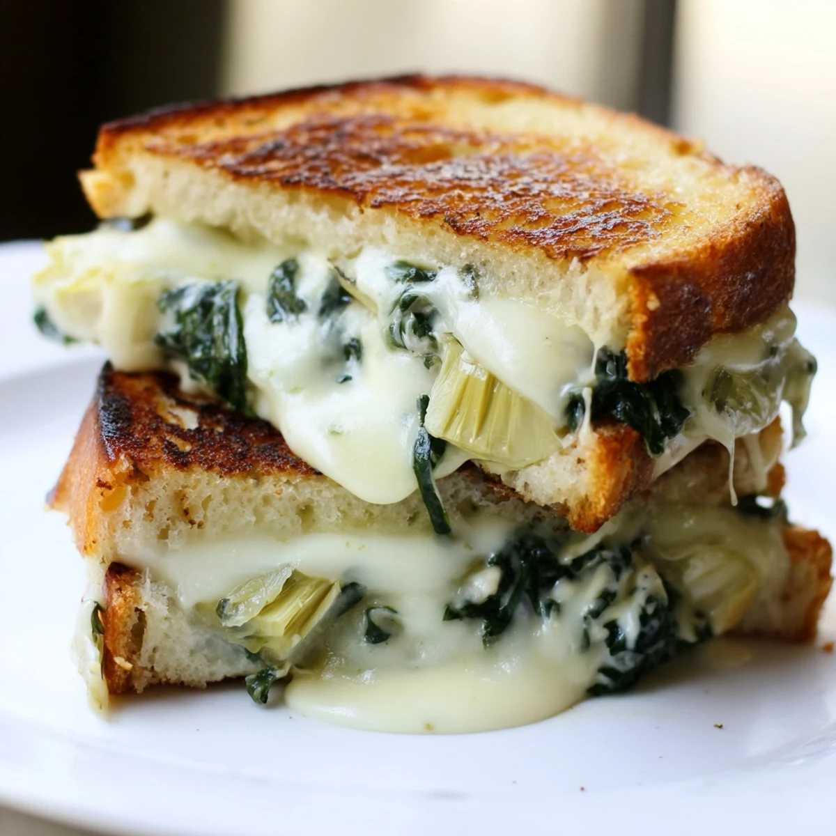 Buttery, golden-brown Artichoke Spinach Grilled Cheese slices reveal melted mozzarella and Monterey Jack inside.