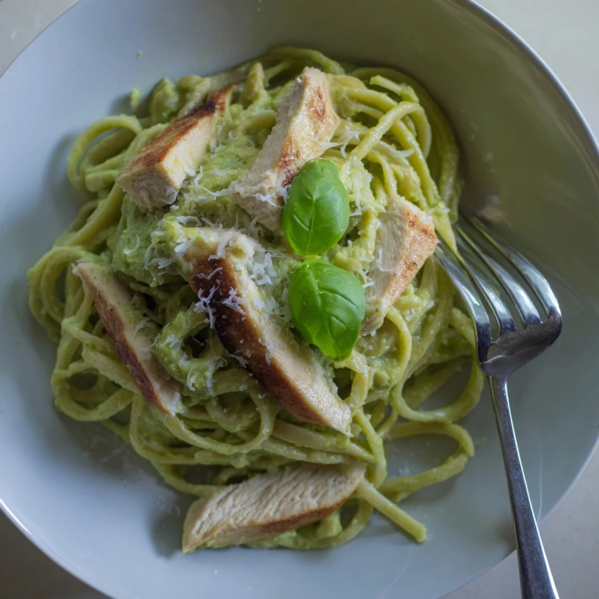 A vibrant plate of creamy avocado chicken pasta garnished with lemon zest and red pepper flakes.