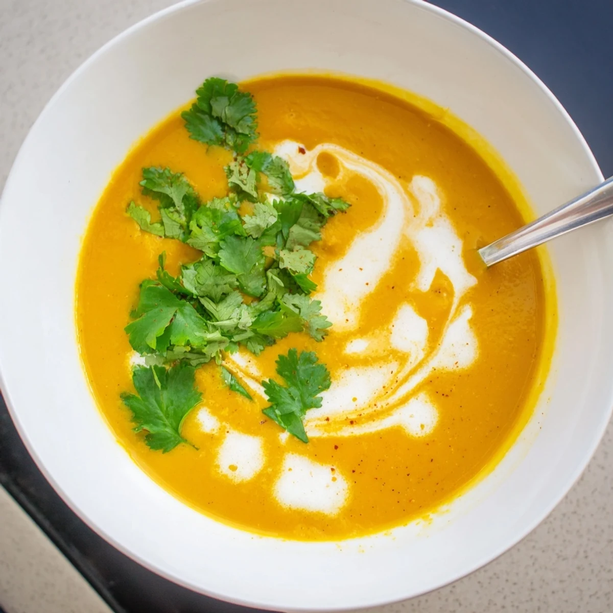 A vibrant bowl of Carrot, Celeriac, and Chilli Soup garnished with fresh cilantro and a swirl of vegan yogurt.  