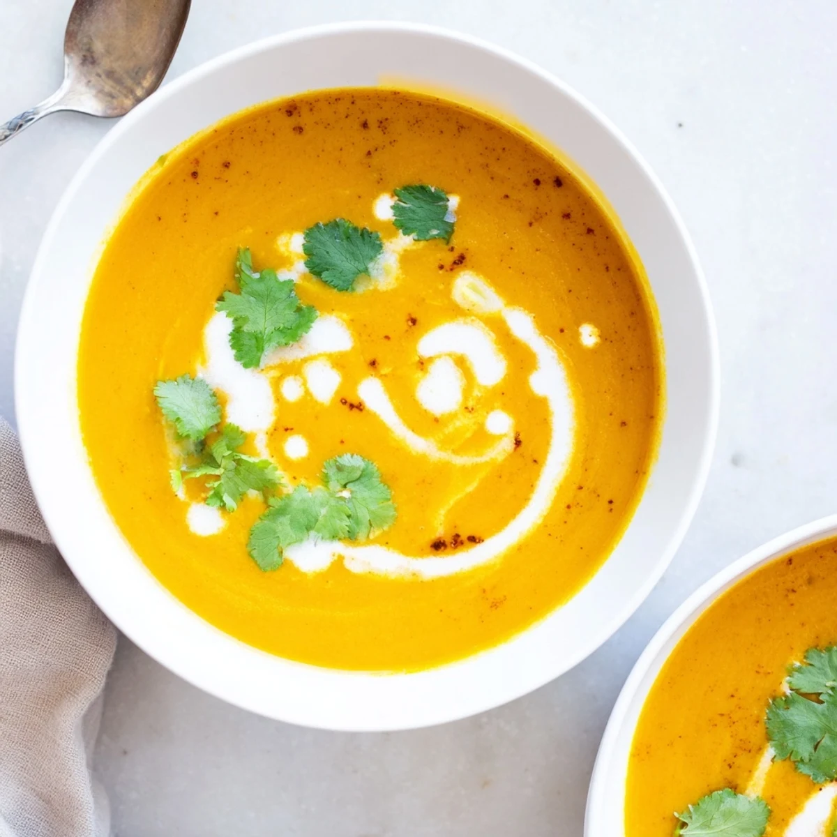 Steaming bowl of Carrot, Celeriac, and Chilli Soup served with crusty bread, highlighting its vibrant orange color and smooth texture.