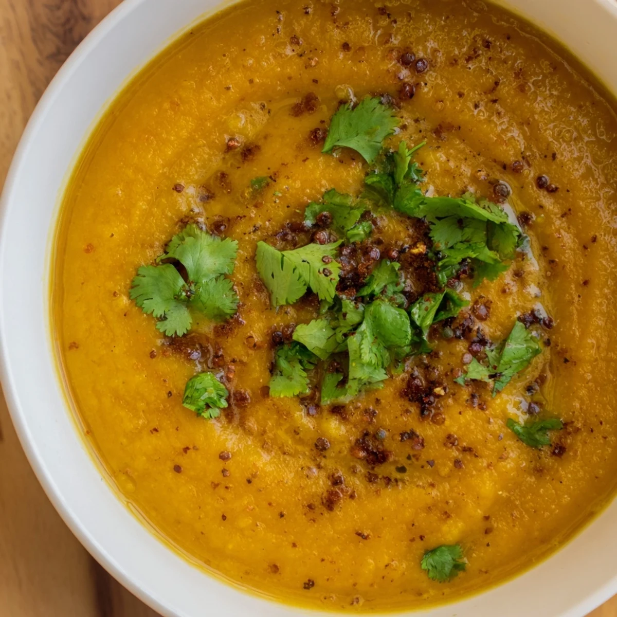 A velvety spoonful of butternut squash and lentil soup with a hint of smoked paprika and lemon, ready to enjoy with crusty bread.