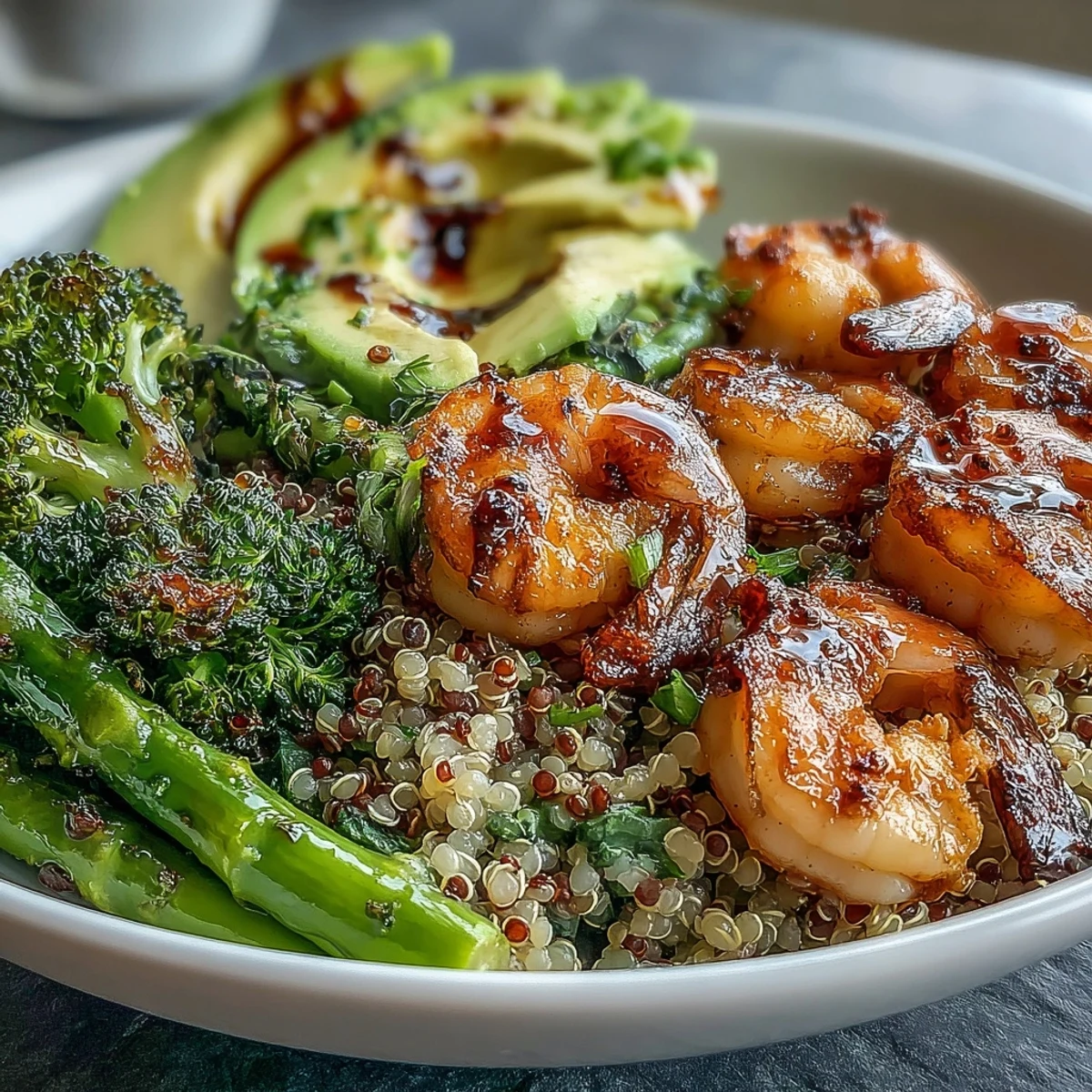 Colorful Detox Buddha Bowl with Shrimp, avocado, and vibrant veggies arranged beautifully.