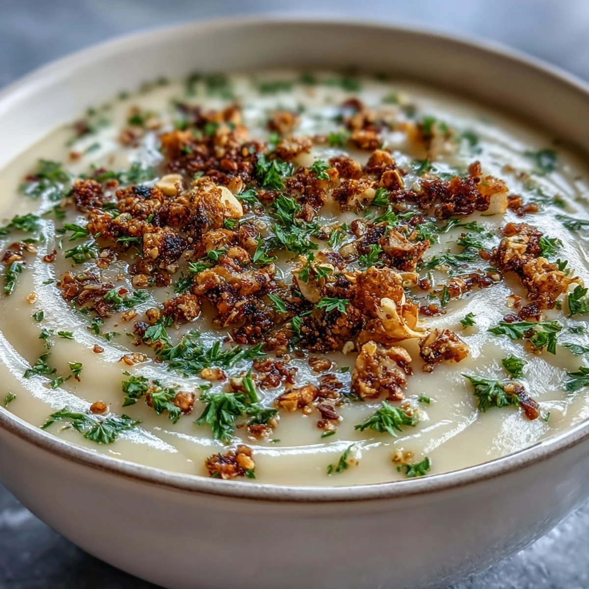 Earthy Celeriac Soup with Hazelnut Crumble, topped with crunchy nuts.