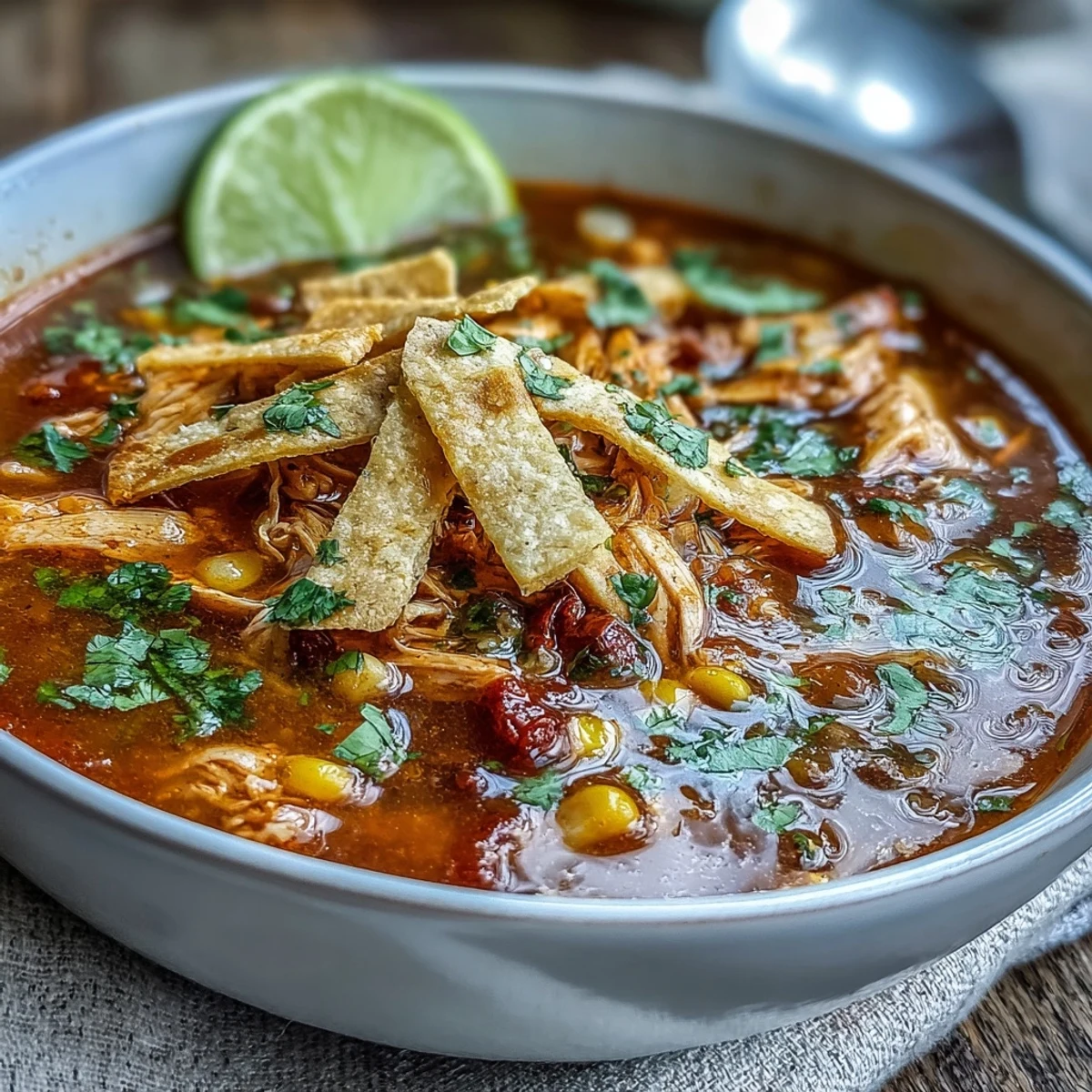 Golden-hued Best Chicken Tortilla Soup steams in a rustic bowl, topped with crispy tortilla strips and fresh cilantro.