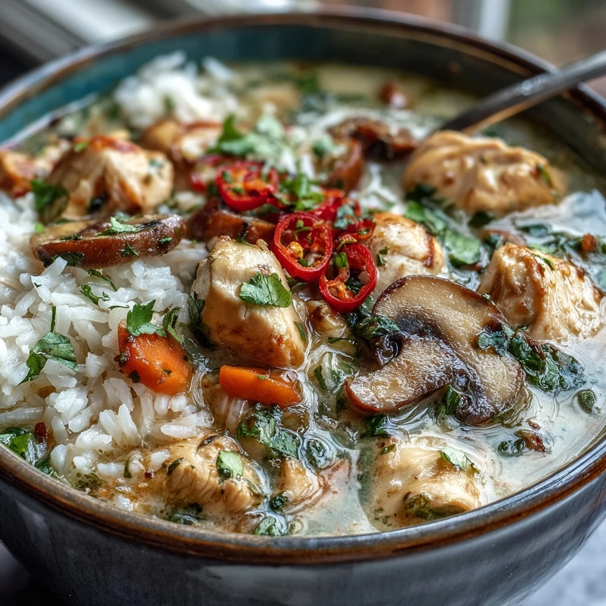 Creamy Thai Coconut Curry Soup with chicken thighs, mushrooms, and jasmine rice in a coconut milk broth, garnished with lime wedges.
