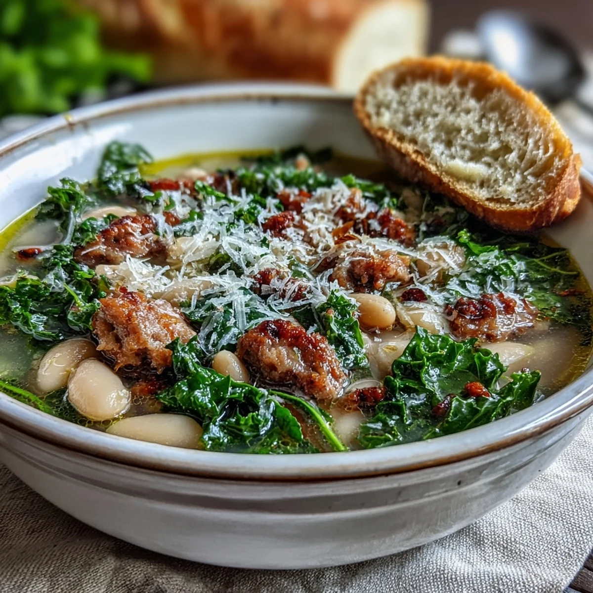 Hearty Italian White Bean Soup ladleful showing creamy beans and tender kale leaves.