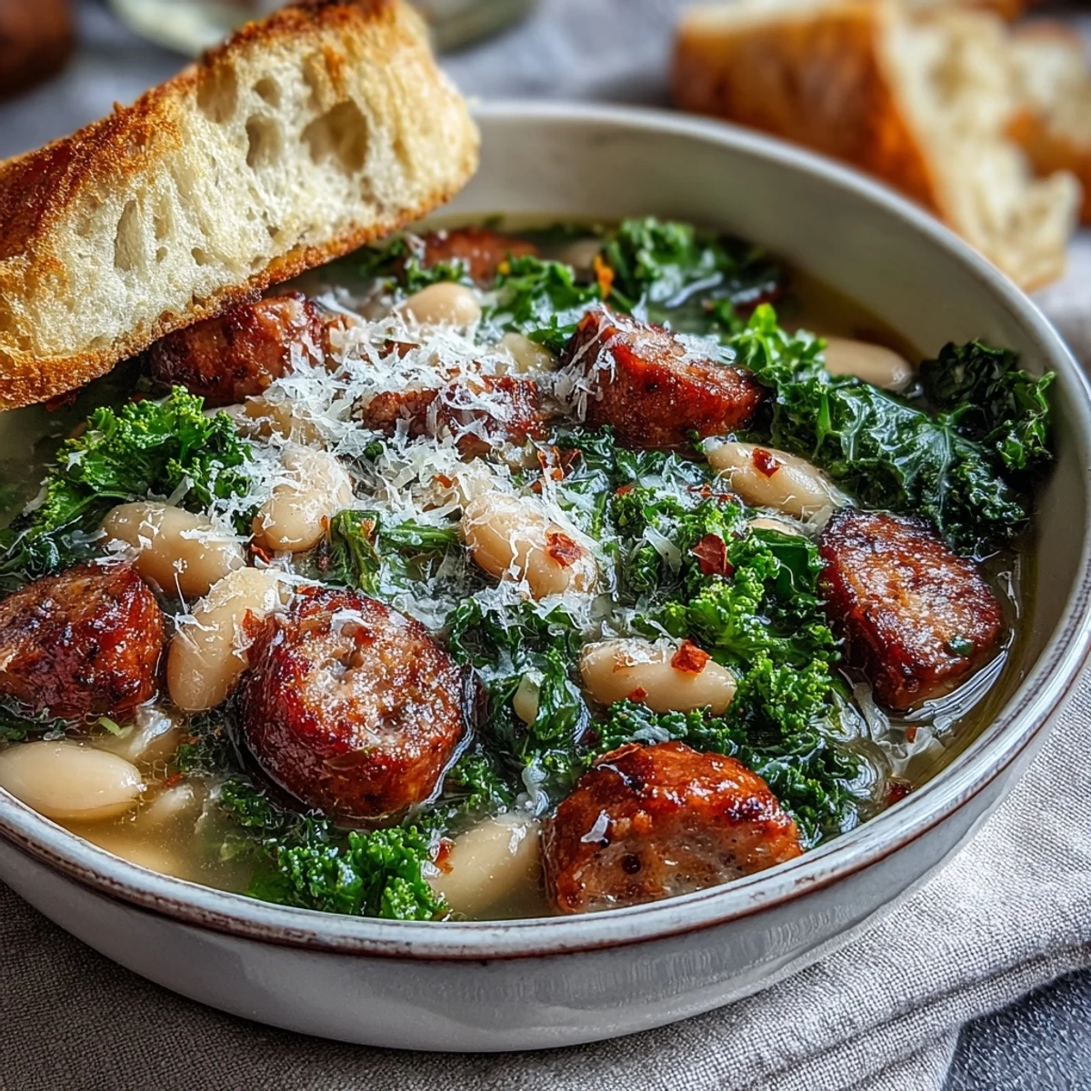 Rustic Italian White Bean Soup topped with Parmesan and olive oil, with crusty bread.