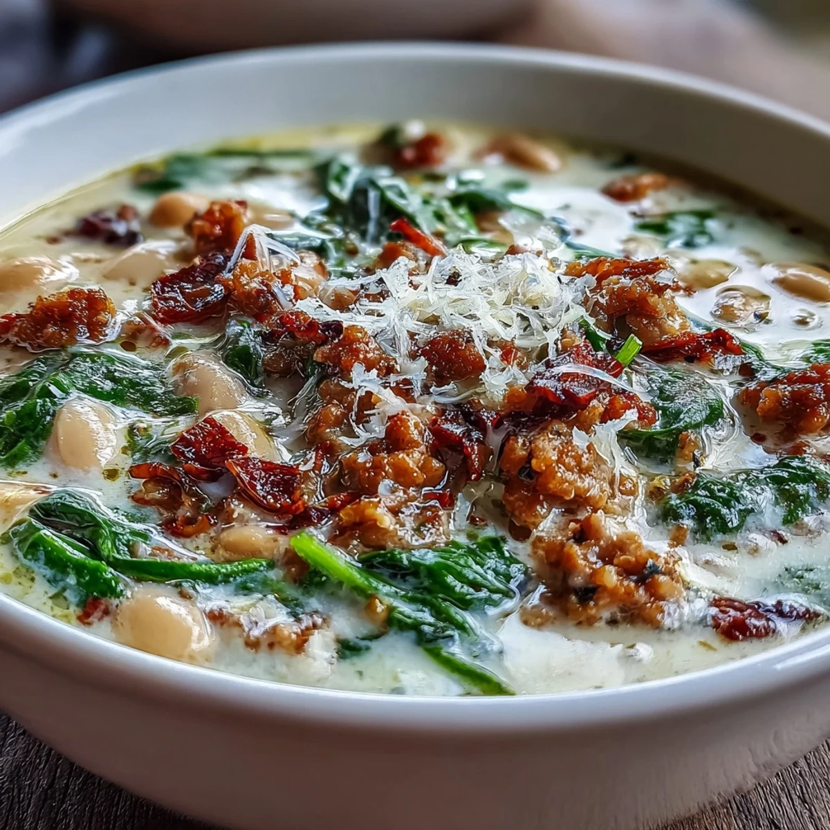 Creamy Tuscan White Bean Soup with Sausage in a rustic bowl, topped with melted Parmesan and wilted spinach.