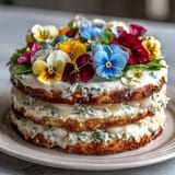 Elegant spring cake with pressed edible flowers and lemon curd, showcasing delicate blossoms atop a creamy lemon-filled sponge.