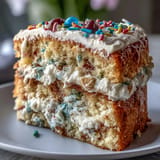 Fluffy funfetti cake filled and frosted with rich cream cheese funfetti dip, topped with cheerful spring sprinkles for celebration.
