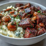 Savory steak and mushroom potato bowls, finished with rich garlic butter sauce.