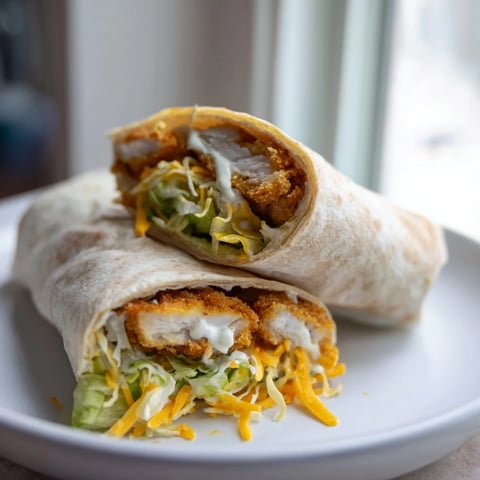 Golden-brown crispy chicken nestled in a flavorful, fresh Crispy Chicken Ranch Snack Wrap, ready to eat.