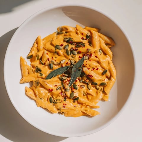 Vegan Creamy Pumpkin Pasta: A steaming bowl of pasta with vibrant orange sauce and fresh sage.