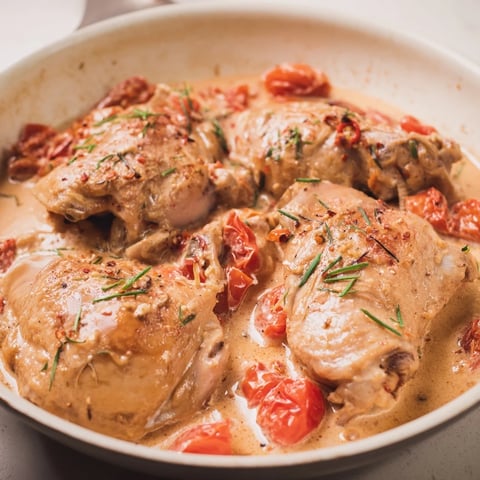 Marry Me Chicken Thighs glistening golden brown, swimming in a rich, creamy sun-dried tomato sauce.
