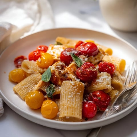 Delectable Baked Feta Snowfall Cherry Tomato Christmas Pasta, bubbling hot with bursting tomatoes and creamy feta.