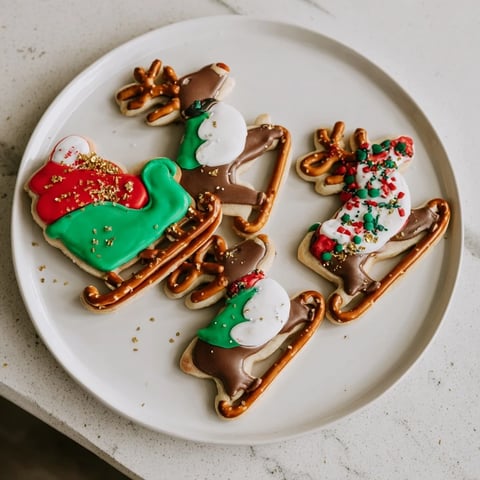 Festive Santa's Sleigh Cookie Display with glistening royal icing and colorful holiday sprinkles.