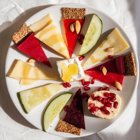 A vibrant The Tessellation Triangle appetizer board with aged cheddar and sweet pear triangles.