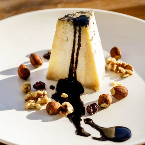 A beautiful "Sundial" cheese platter with balsamic shadow and nut-hour markers, ready to savor.