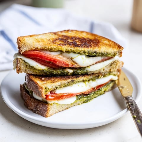 Golden-brown Caprese Pesto Grilled Cheese sandwiches, oozing with melted mozzarella and vibrant tomato slices on toasted sourdough.